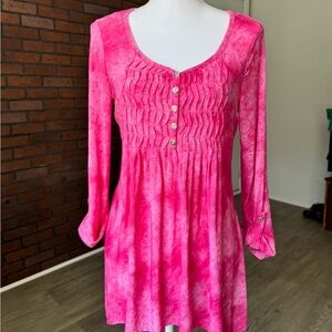 New Directions Pink Paisley Pintuck Button Front Long Sleeve Tunic Top M